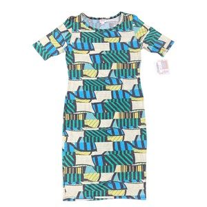 LuLaRoe Julia Form Fitting Dress Size Small Blue Yellow NWT